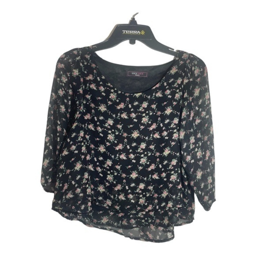 Lucy Love Babydoll Blouse Micro Floral Boho 3/4 Sleeve Chiffon Layered Size Smal